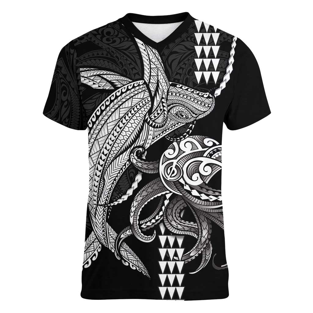 Kanaloa Aloha Hawaii Women V-Neck T-Shirt Humpback Whale Octopus Tattoo Kakau Pattern LT14 Female Black - Polynesian Pride