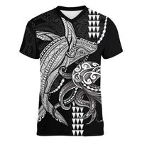 Kanaloa Aloha Hawaii Women V-Neck T-Shirt Humpback Whale Octopus Tattoo Kakau Pattern LT14 Female Black - Polynesian Pride