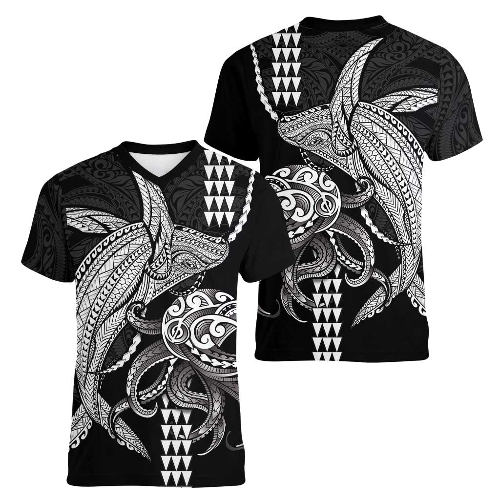 Kanaloa Aloha Hawaii Women V-Neck T-Shirt Humpback Whale Octopus Tattoo Kakau Pattern LT14 - Polynesian Pride