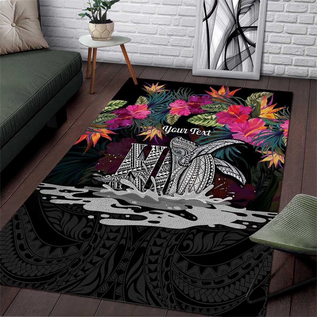 Personalised Hawaii Area Rug Humpback Whale Tattoo With Tropical Flowers Black LT14 Black - Polynesian Pride
