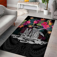 Personalised Hawaii Area Rug Humpback Whale Tattoo With Tropical Flowers Black LT14 - Polynesian Pride