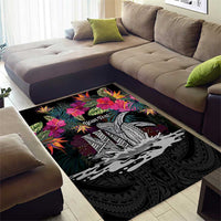 Personalised Hawaii Area Rug Humpback Whale Tattoo With Tropical Flowers Black LT14 - Polynesian Pride