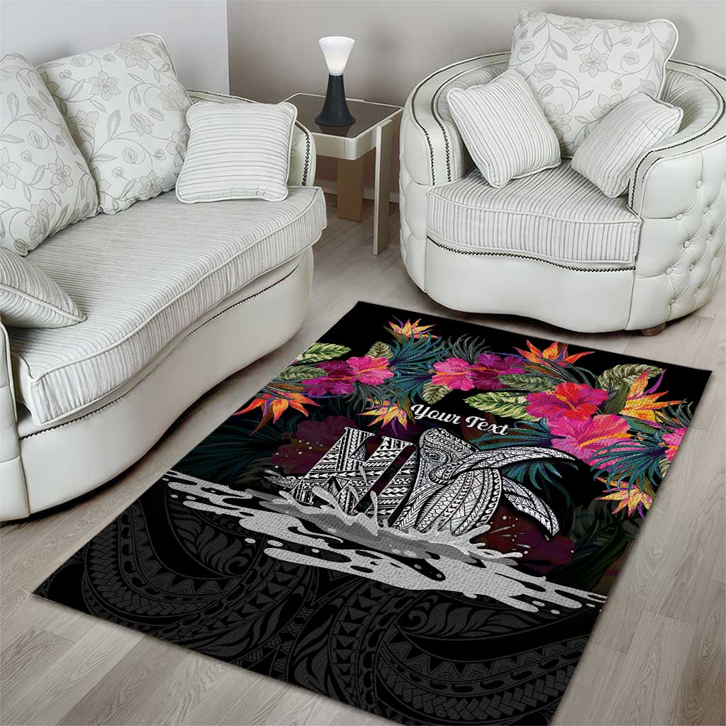 Personalised Hawaii Area Rug Humpback Whale Tattoo With Tropical Flowers Black LT14 - Polynesian Pride