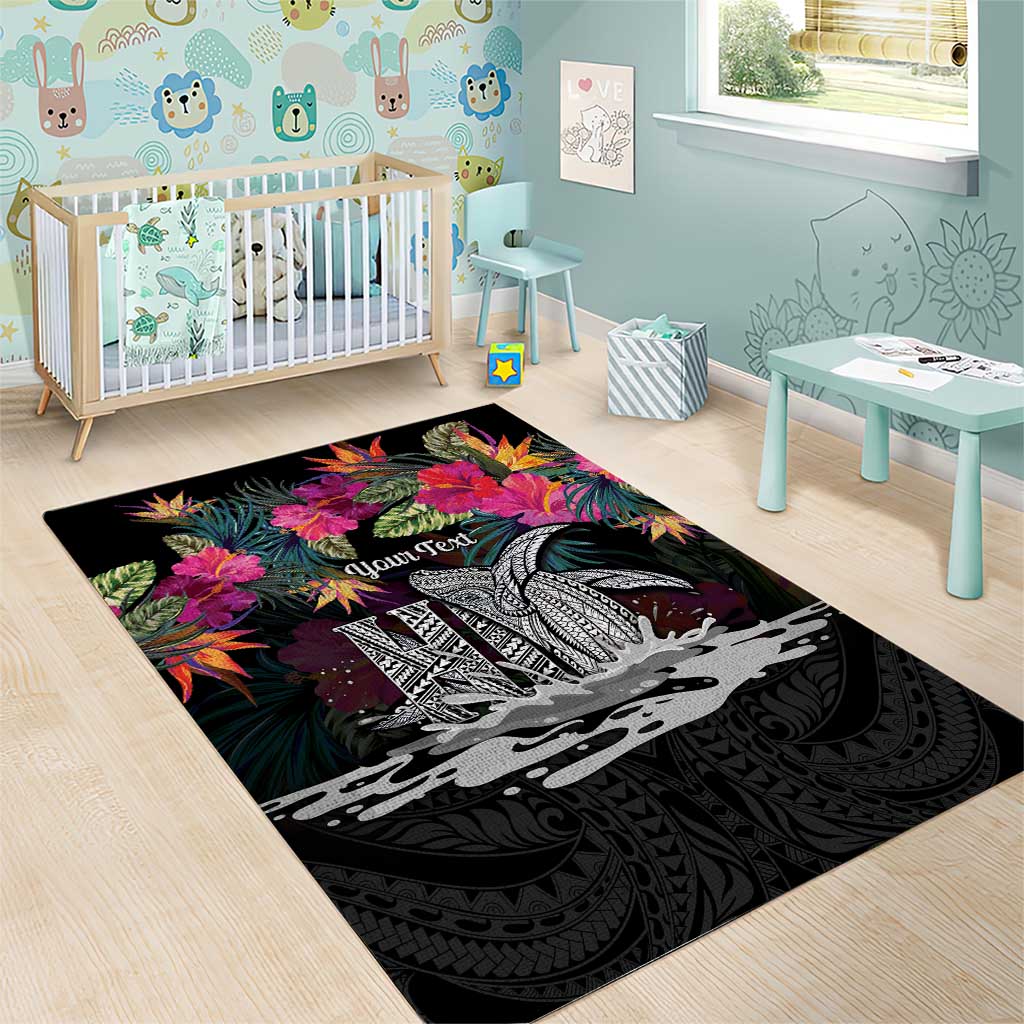 Personalised Hawaii Area Rug Humpback Whale Tattoo With Tropical Flowers Black LT14 - Polynesian Pride