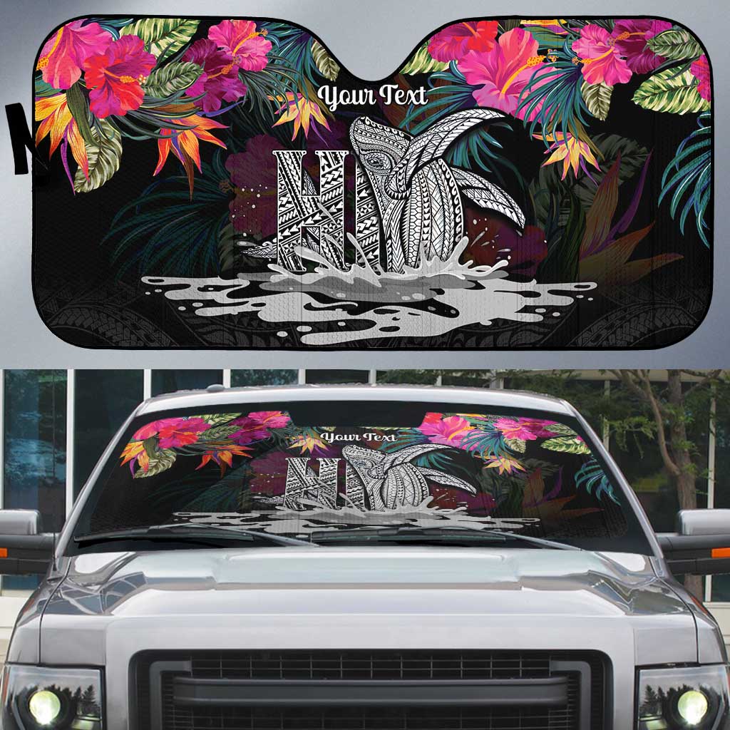 Personalised Hawaii Auto Sun Shade Humpback Whale Tattoo With Tropical Flowers Black LT14 Black - Polynesian Pride