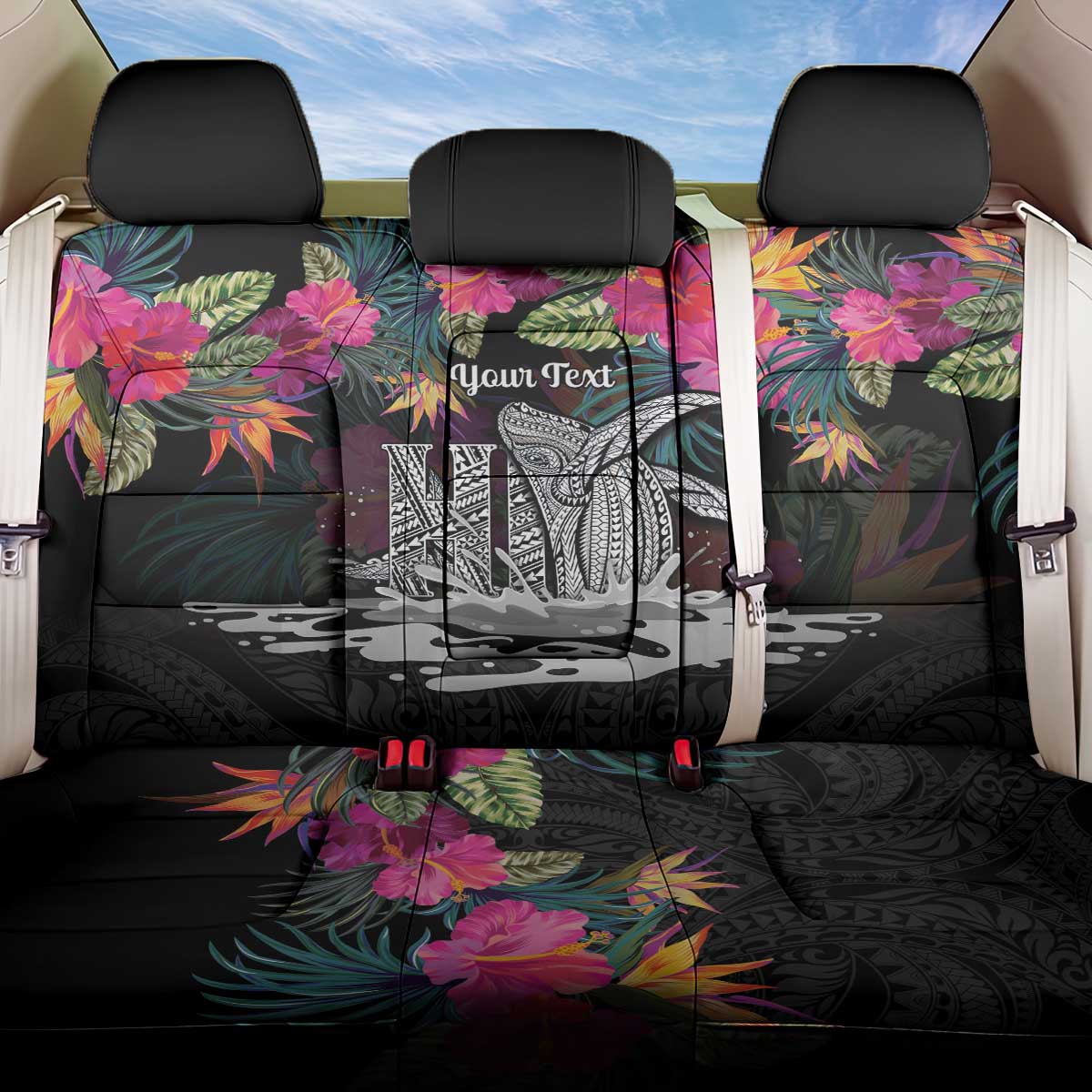 Personalised Hawaii Back Car Seat Cover Humpback Whale Tattoo With Tropical Flowers Black LT14 One Size Black - Polynesian Pride
