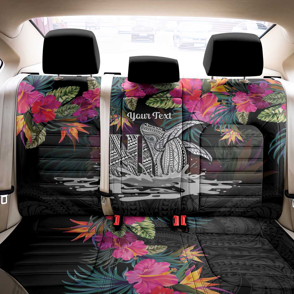Personalised Hawaii Back Car Seat Cover Humpback Whale Tattoo With Tropical Flowers Black LT14 - Polynesian Pride