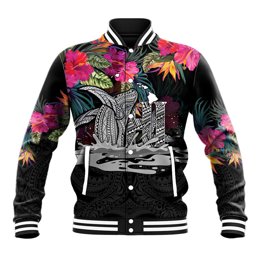 Personalised Hawaii Baseball Jacket Humpback Whale Tattoo With Tropical Flowers Black LT14 Unisex Black - Polynesian Pride