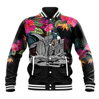 Personalised Hawaii Baseball Jacket Humpback Whale Tattoo With Tropical Flowers Black LT14 Unisex Black - Polynesian Pride