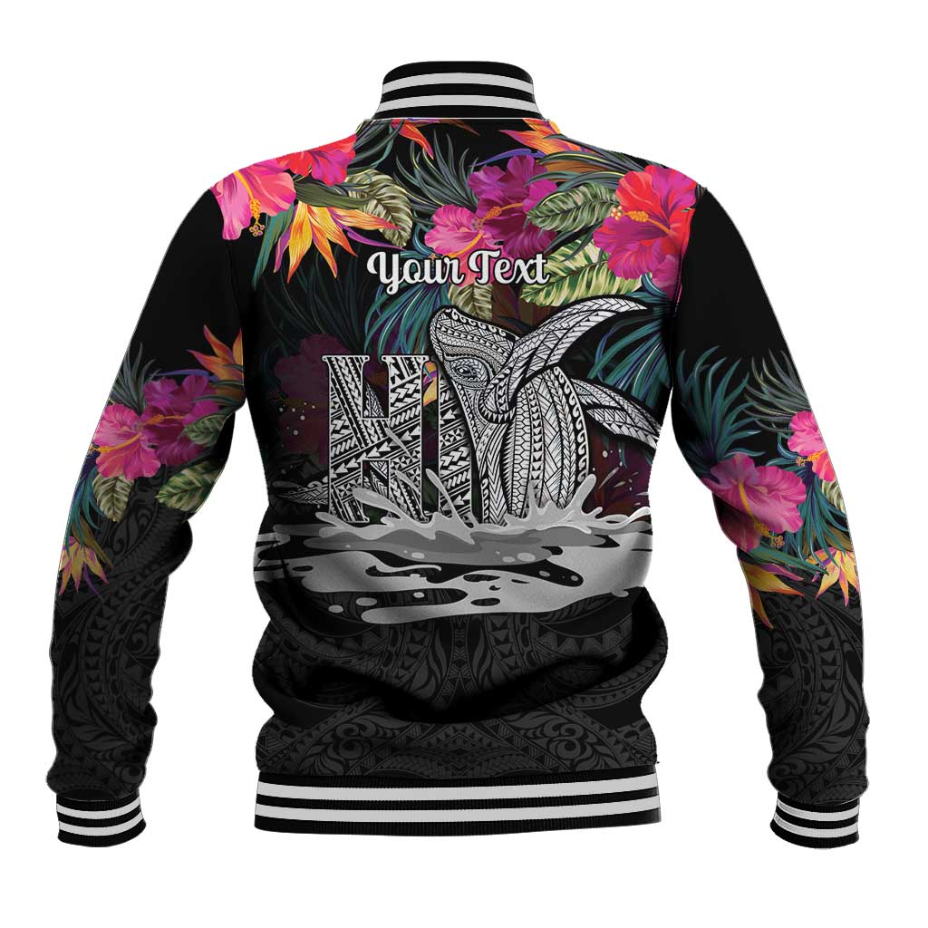 Personalised Hawaii Baseball Jacket Humpback Whale Tattoo With Tropical Flowers Black LT14 - Polynesian Pride