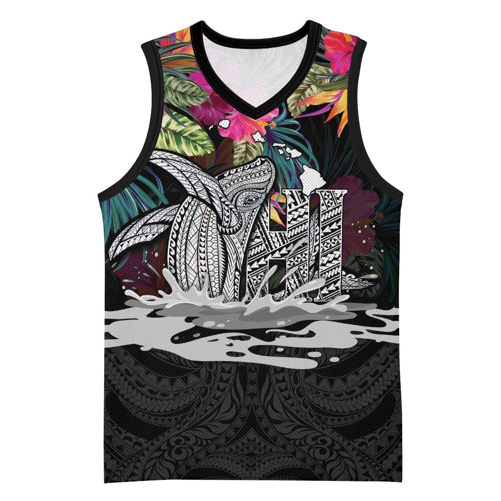 Personalised Hawaii Basketball Jersey Humpback Whale Tattoo With Tropical Flowers Black LT14 Unisex Black - Polynesian Pride