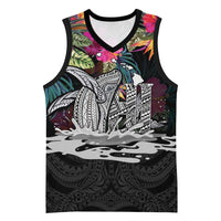 Personalised Hawaii Basketball Jersey Humpback Whale Tattoo With Tropical Flowers Black