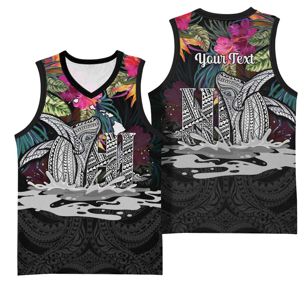 Personalised Hawaii Basketball Jersey Humpback Whale Tattoo With Tropical Flowers Black