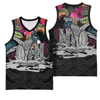 Personalised Hawaii Basketball Jersey Humpback Whale Tattoo With Tropical Flowers Black
