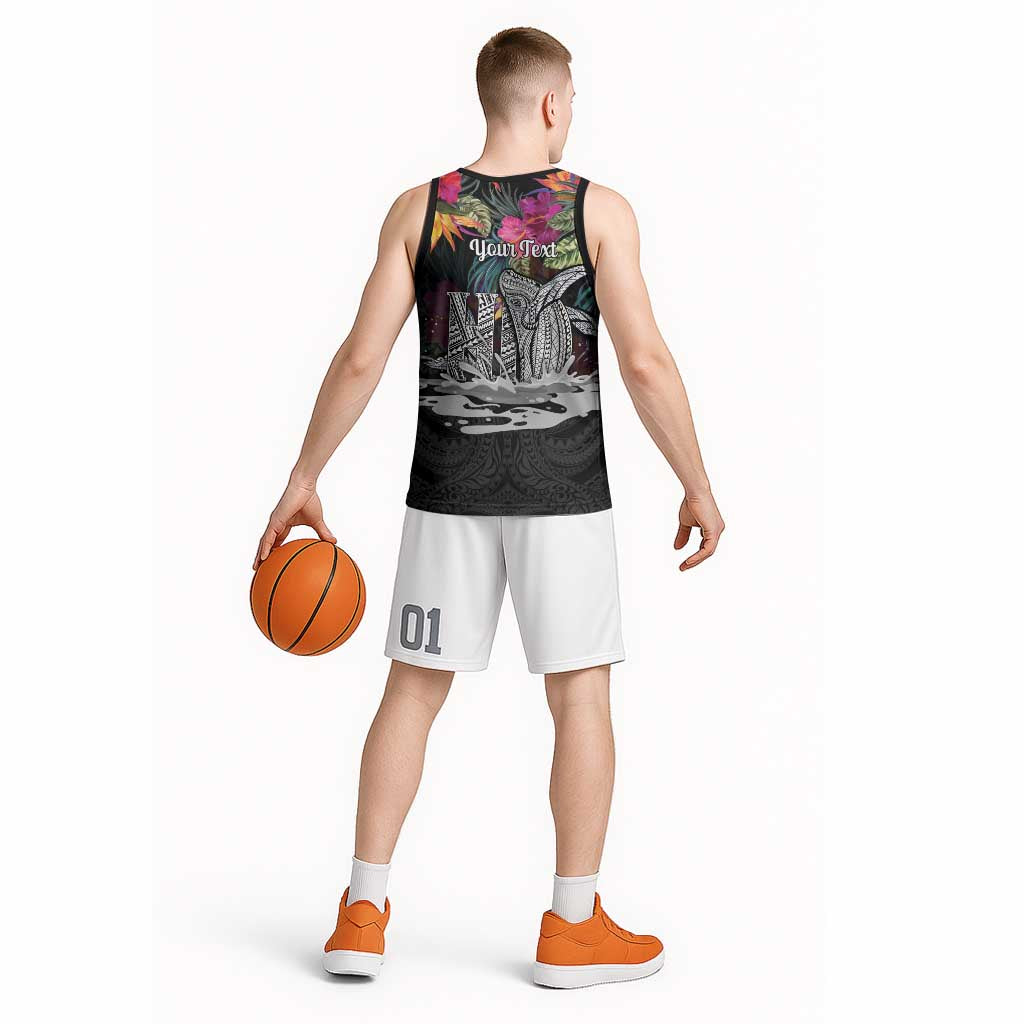 Personalised Hawaii Basketball Jersey Humpback Whale Tattoo With Tropical Flowers Black