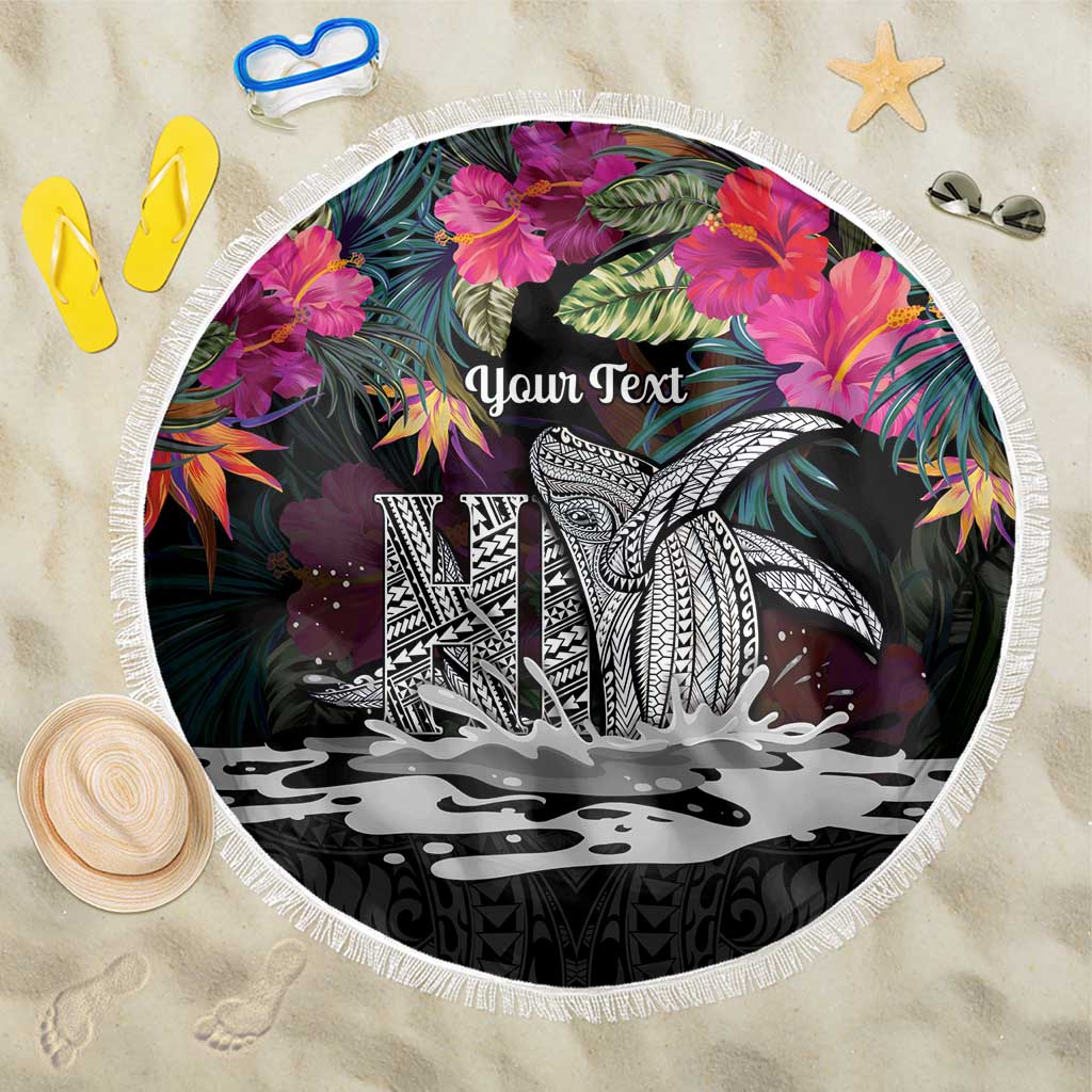 Personalised Hawaii Beach Blanket Humpback Whale Tattoo With Tropical Flowers Black LT14 One Size 150cm Black - Polynesian Pride