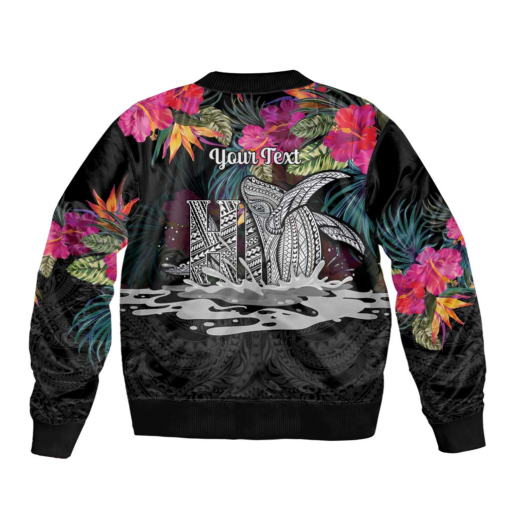 Personalised Hawaii Bomber Jacket Humpback Whale Tattoo With Tropical Flowers Black LT14 - Polynesian Pride