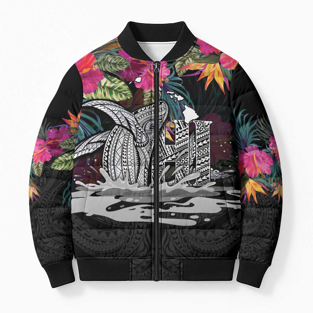 Personalised Hawaii Bomber Puffer Jacket Humpback Whale Tattoo With Tropical Flowers Black LT14 Unisex Black - Polynesian Pride