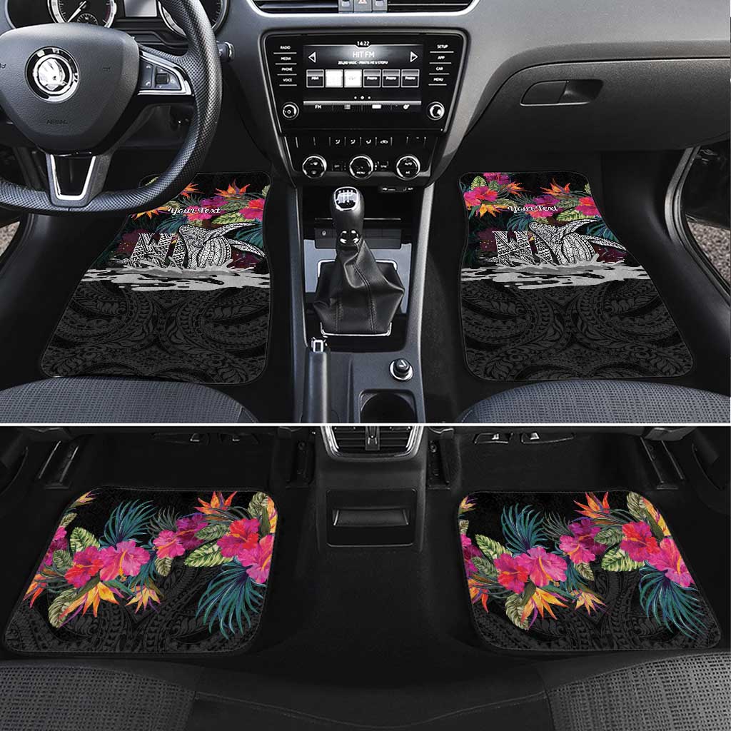 Personalised Hawaii Car Mats Humpback Whale Tattoo With Tropical Flowers Black LT14 Set 4pcs Black - Polynesian Pride