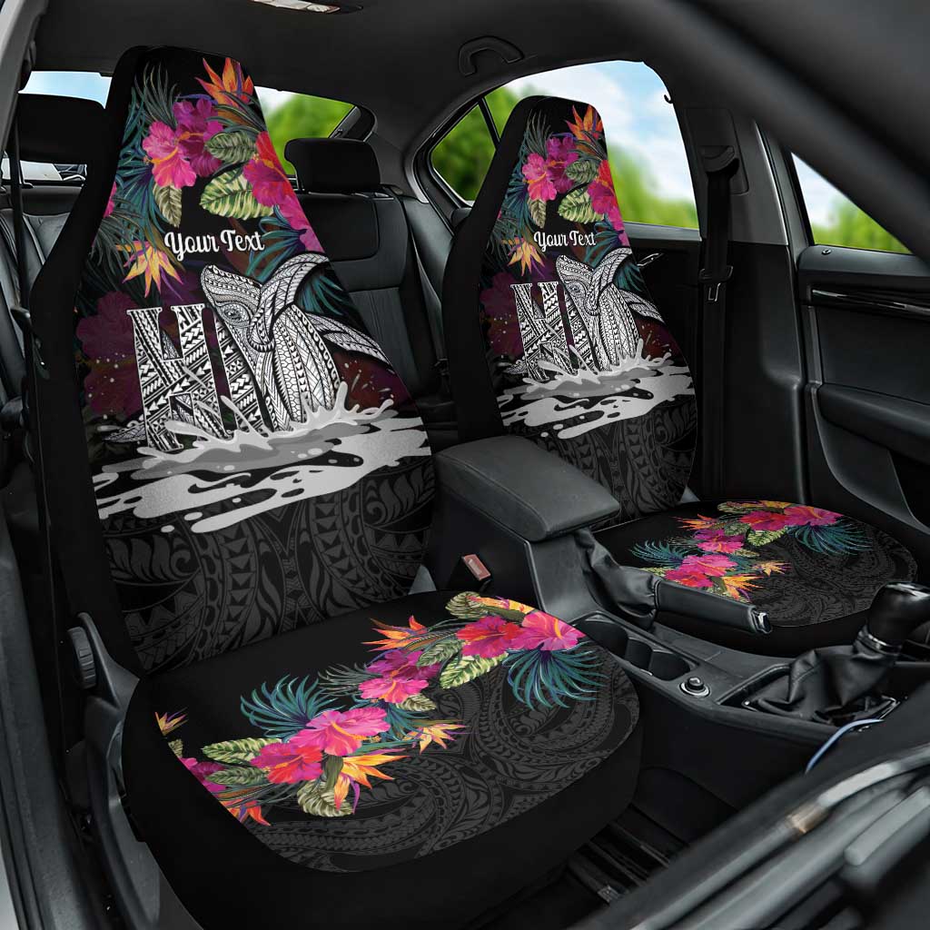 Personalised Hawaii Car Seat Cover Humpback Whale Tattoo With Tropical Flowers Black LT14 One Size Black - Polynesian Pride