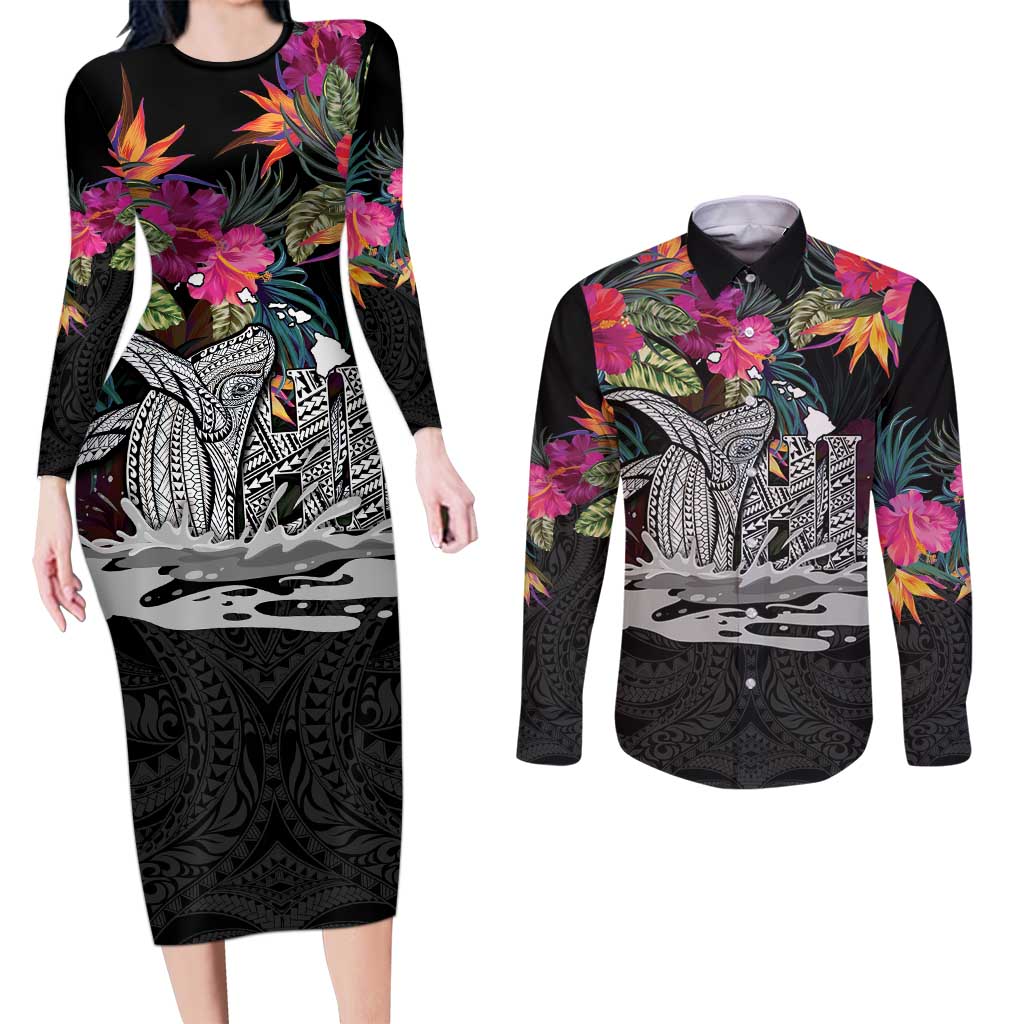 Personalised Hawaii Couples Matching Long Sleeve Bodycon Dress and Long Sleeve Button Shirt Humpback Whale Tattoo With Tropical Flowers Black LT14 Black - Polynesian Pride