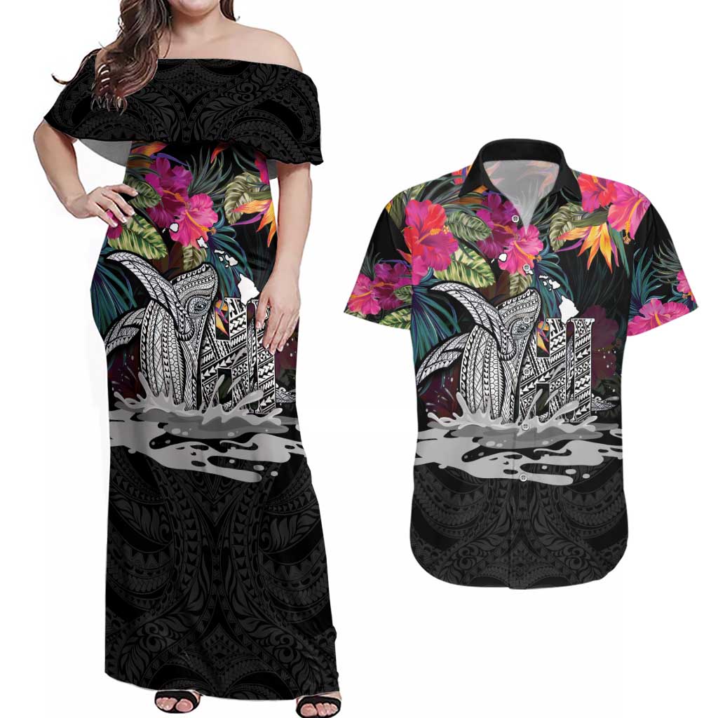 Personalised Hawaii Couples Matching Off Shoulder Maxi Dress and Hawaiian Shirt Humpback Whale Tattoo With Tropical Flowers Black LT14 Black - Polynesian Pride