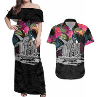 Personalised Hawaii Couples Matching Off Shoulder Maxi Dress and Hawaiian Shirt Humpback Whale Tattoo With Tropical Flowers Black