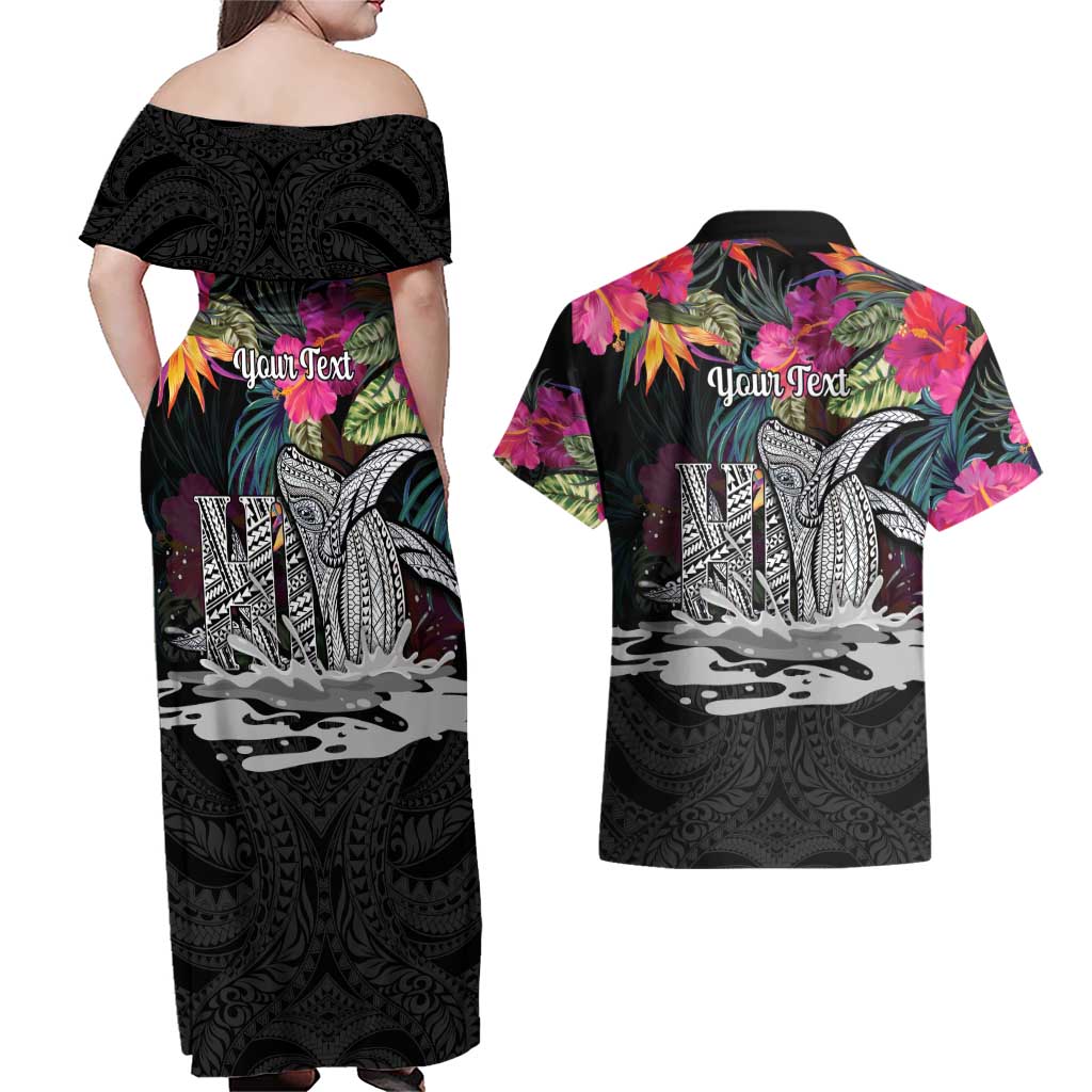 Personalised Hawaii Couples Matching Off Shoulder Maxi Dress and Hawaiian Shirt Humpback Whale Tattoo With Tropical Flowers Black