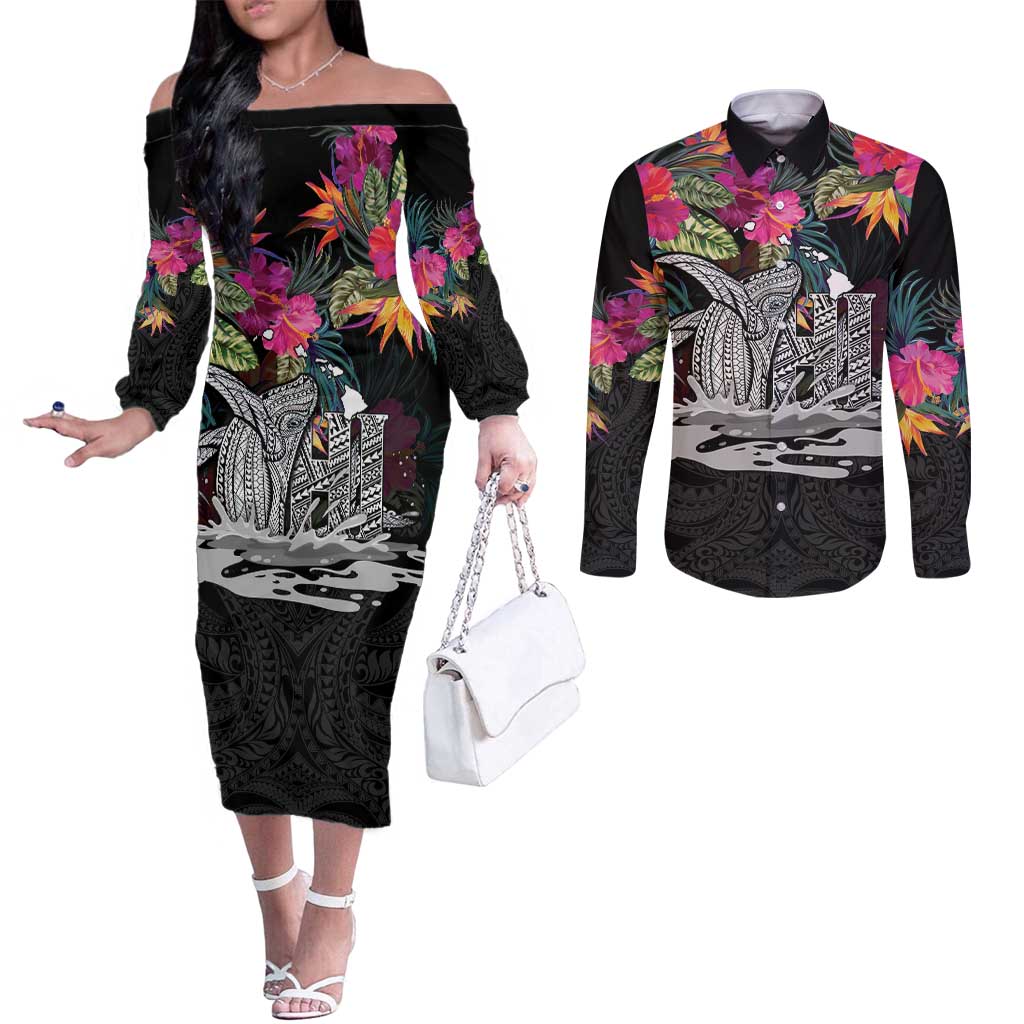 Personalised Hawaii Couples Matching Off The Shoulder Long Sleeve Dress and Long Sleeve Button Shirt Humpback Whale Tattoo With Tropical Flowers Black LT14 Black - Polynesian Pride