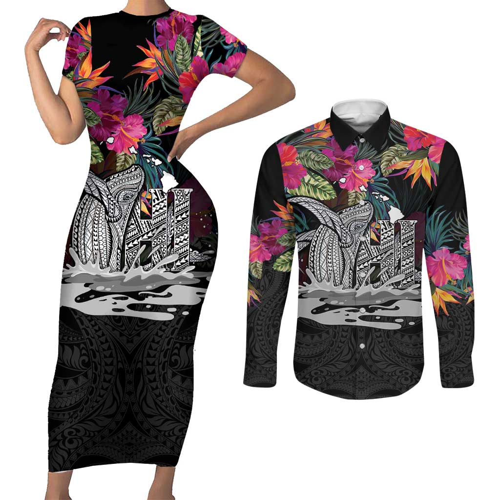 Personalised Hawaii Couples Matching Short Sleeve Bodycon Dress and Long Sleeve Button Shirt Humpback Whale Tattoo With Tropical Flowers Black LT14 Black - Polynesian Pride