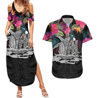 Personalised Hawaii Couples Matching Summer Maxi Dress and Hawaiian Shirt Humpback Whale Tattoo With Tropical Flowers Black