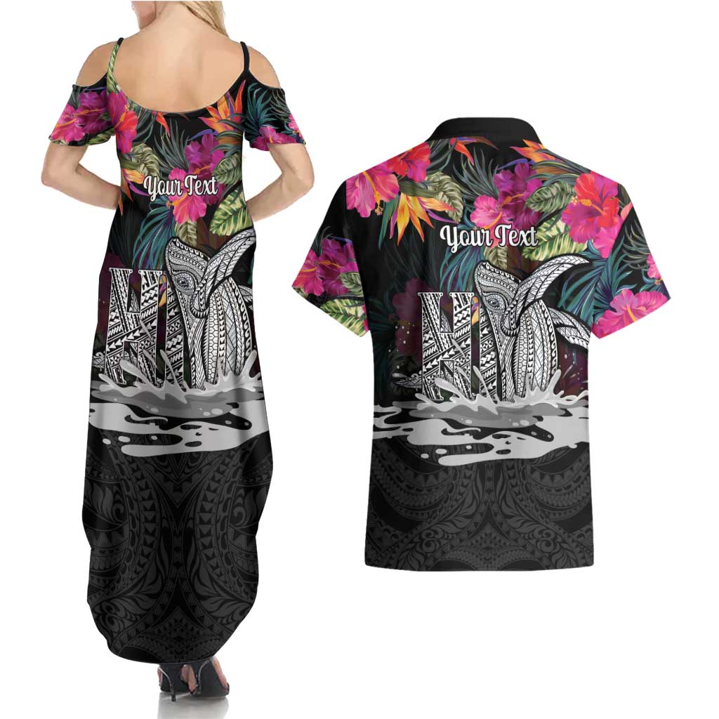 Personalised Hawaii Couples Matching Summer Maxi Dress and Hawaiian Shirt Humpback Whale Tattoo With Tropical Flowers Black