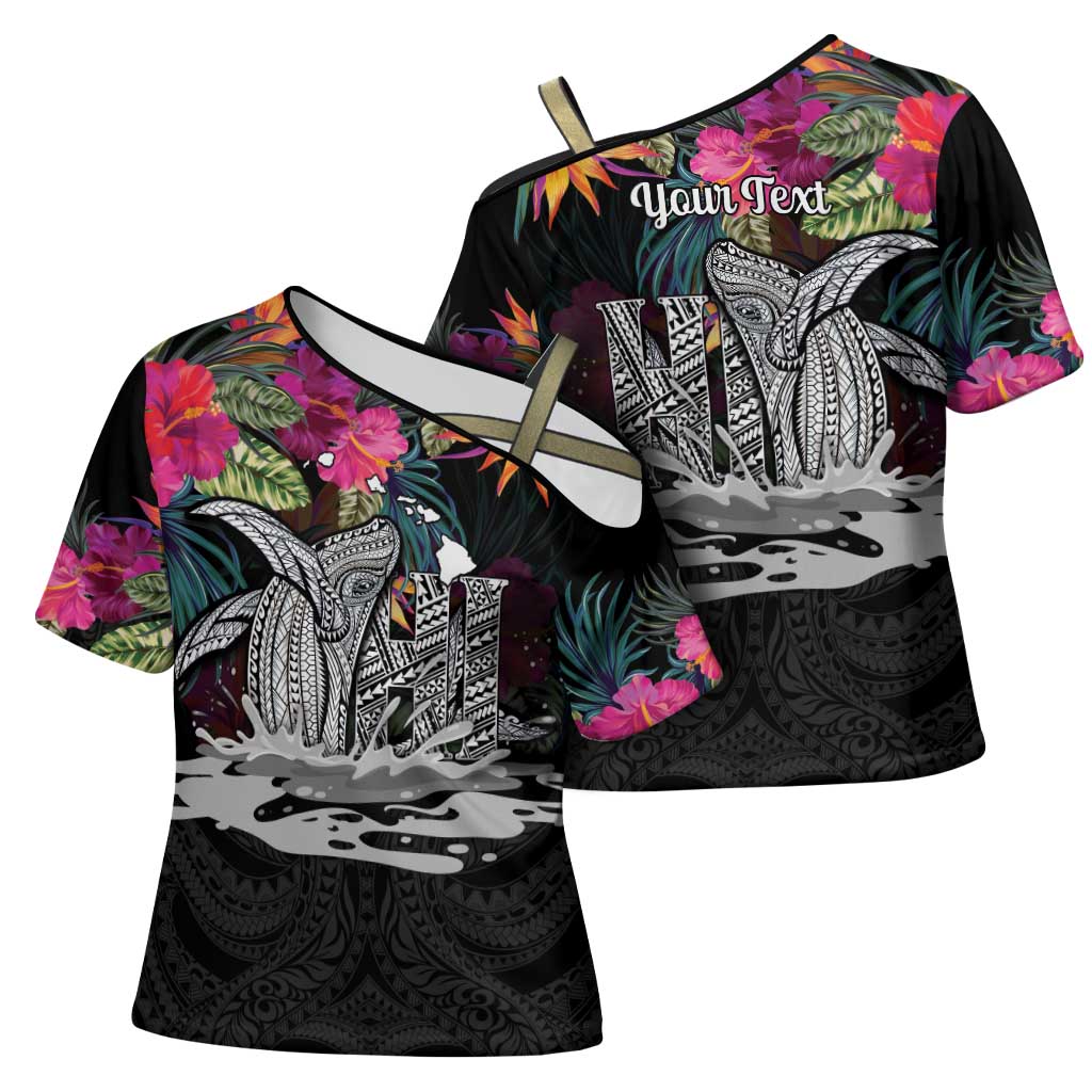 Personalised Hawaii Cross Shoulder Shirt Humpback Whale Tattoo With Tropical Flowers Black LT14 - Polynesian Pride