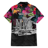 Personalised Hawaii Family Matching Off The Shoulder Long Sleeve Dress and Hawaiian Shirt Humpback Whale Tattoo With Tropical Flowers Black LT14 - Polynesian Pride