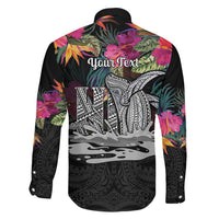Personalised Hawaii Family Matching Off The Shoulder Long Sleeve Dress and Hawaiian Shirt Humpback Whale Tattoo With Tropical Flowers Black LT14 - Polynesian Pride
