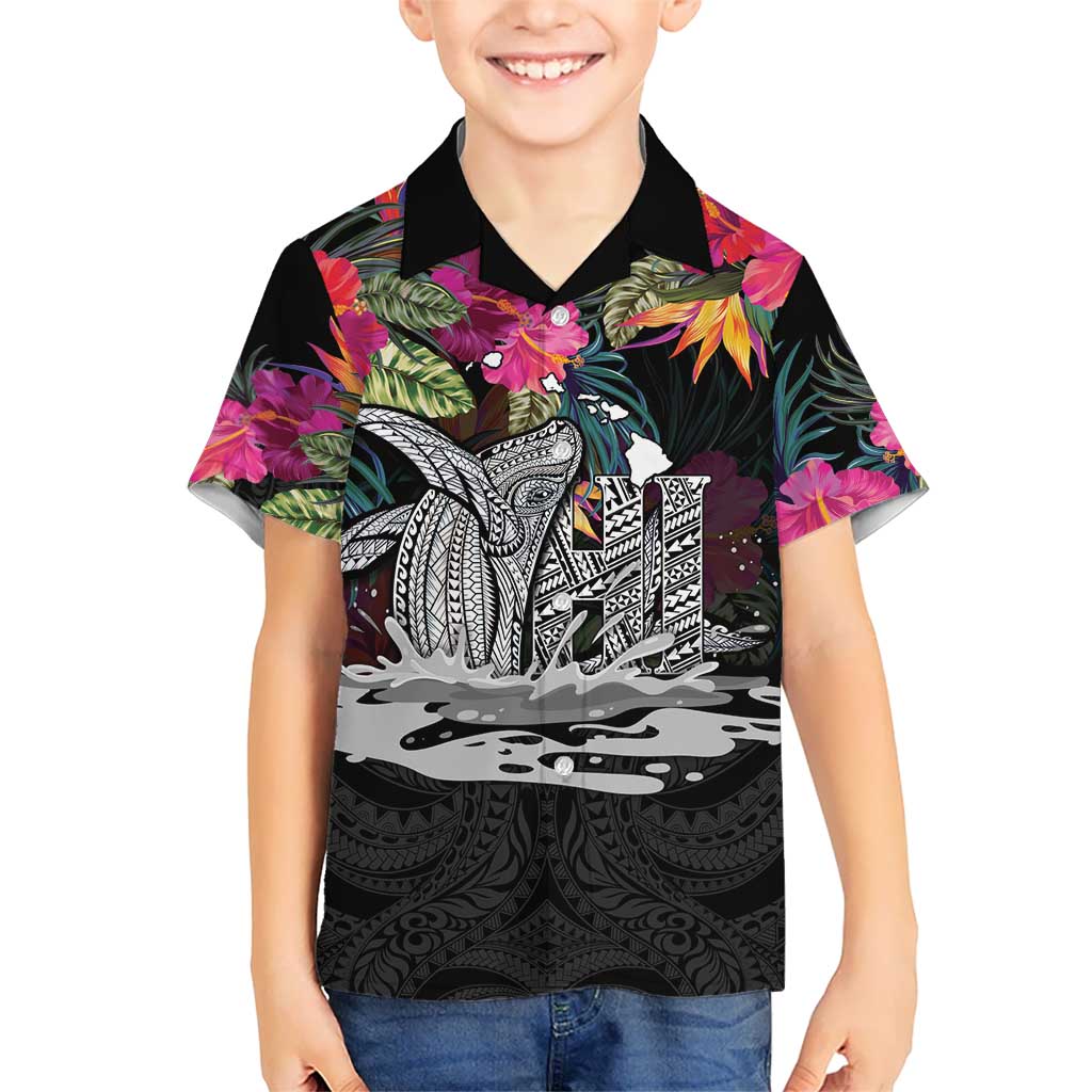 Personalised Hawaii Family Matching Off The Shoulder Long Sleeve Dress and Hawaiian Shirt Humpback Whale Tattoo With Tropical Flowers Black LT14 Son's Shirt Black - Polynesian Pride