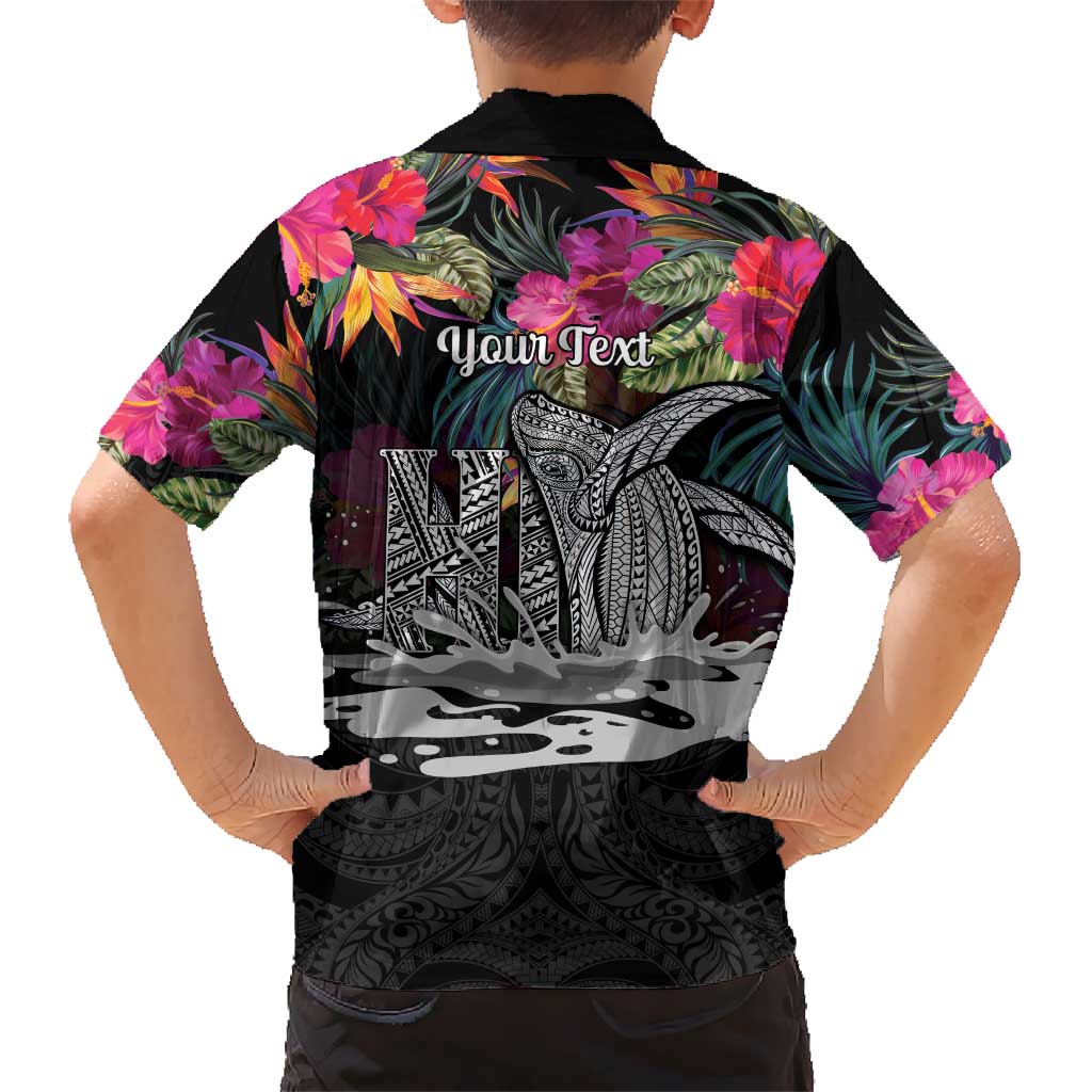 Personalised Hawaii Family Matching Off Shoulder Short Dress and Hawaiian Shirt Humpback Whale Tattoo With Tropical Flowers Black LT14 - Polynesian Pride
