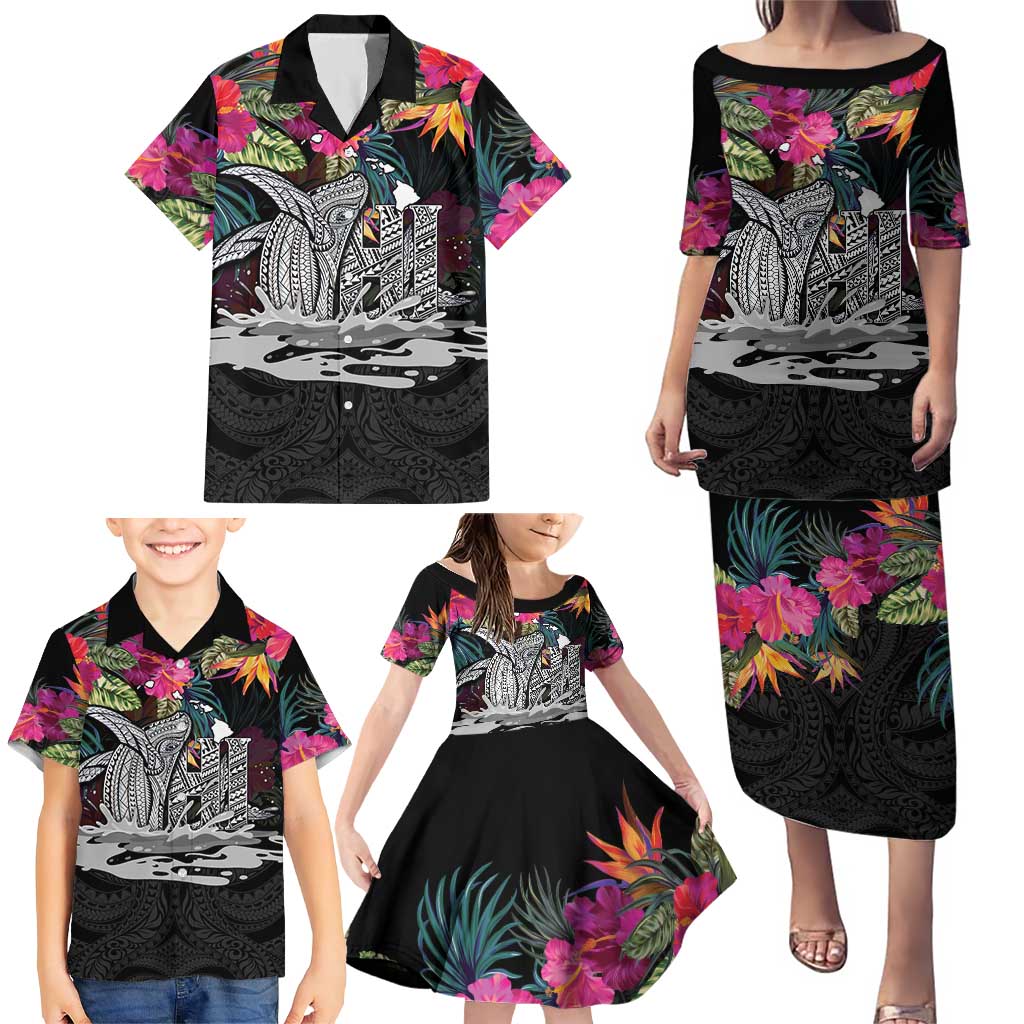 Personalised Hawaii Family Matching Puletasi and Hawaiian Shirt Humpback Whale Tattoo With Tropical Flowers Black