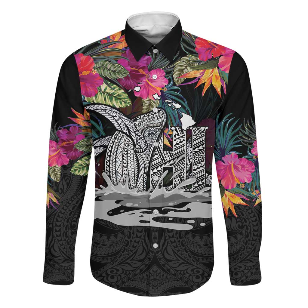 Personalised Hawaii Family Matching Summer Maxi Dress and Hawaiian Shirt Humpback Whale Tattoo With Tropical Flowers Black LT14 Dad's Shirt - Long Sleeve Black - Polynesian Pride