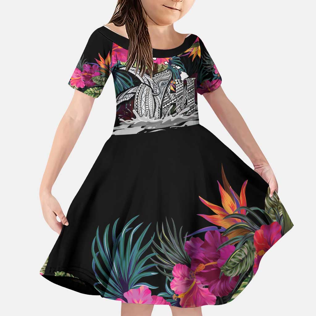 Personalised Hawaii Family Matching Tank Maxi Dress and Hawaiian Shirt Humpback Whale Tattoo With Tropical Flowers Black LT14 Daughter's Dress Black - Polynesian Pride