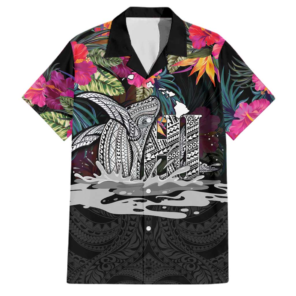 Personalised Hawaii Family Matching Tank Maxi Dress and Hawaiian Shirt Humpback Whale Tattoo With Tropical Flowers Black LT14 Dad's Shirt - Short Sleeve Black - Polynesian Pride