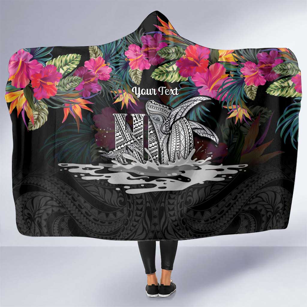 Personalised Hawaii Hooded Blanket Humpback Whale Tattoo With Tropical Flowers Black LT14 One Size Black - Polynesian Pride