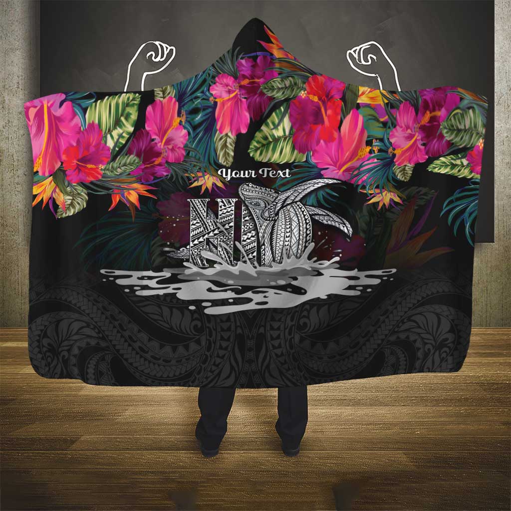 Personalised Hawaii Hooded Blanket Humpback Whale Tattoo With Tropical Flowers Black LT14 - Polynesian Pride