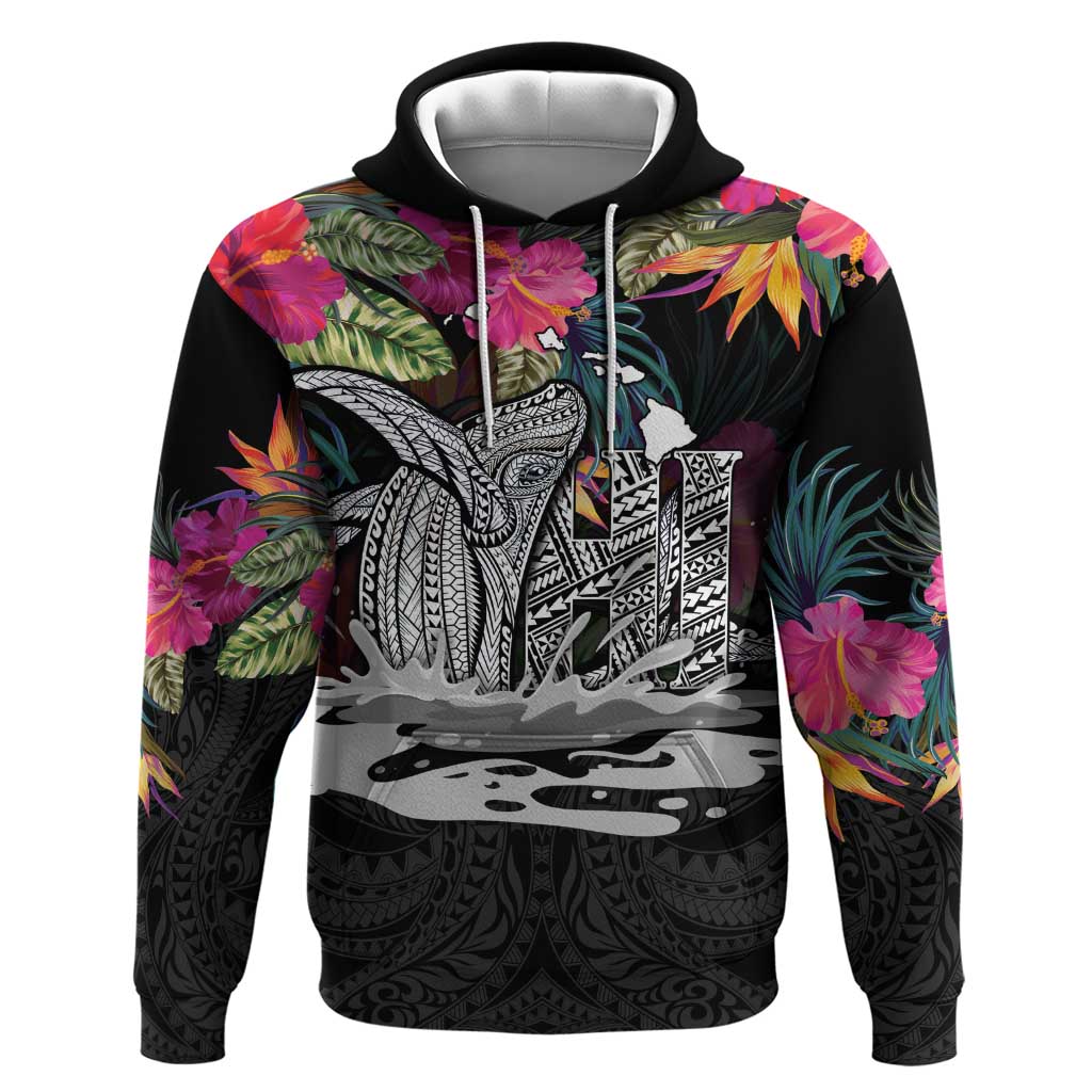 Personalised Hawaii Hoodie Humpback Whale Tattoo With Tropical Flowers Black LT14 Pullover Hoodie Black - Polynesian Pride
