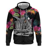 Personalised Hawaii Hoodie Humpback Whale Tattoo With Tropical Flowers Black LT14 Pullover Hoodie Black - Polynesian Pride