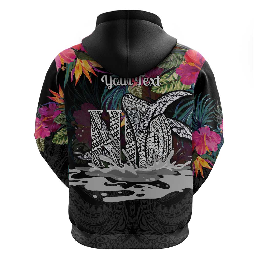 Personalised Hawaii Hoodie Humpback Whale Tattoo With Tropical Flowers Black LT14 - Polynesian Pride