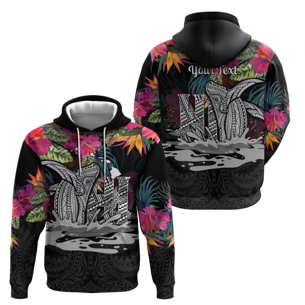 Personalised Hawaii Hoodie Humpback Whale Tattoo With Tropical Flowers Black LT14 - Polynesian Pride
