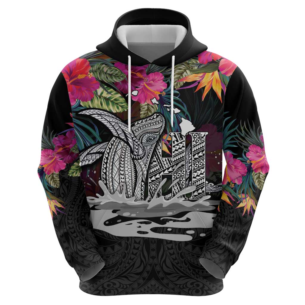 Personalised Hawaii Hoodie Humpback Whale Tattoo With Tropical Flowers Black LT14 - Polynesian Pride