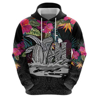 Personalised Hawaii Hoodie Humpback Whale Tattoo With Tropical Flowers Black LT14 - Polynesian Pride
