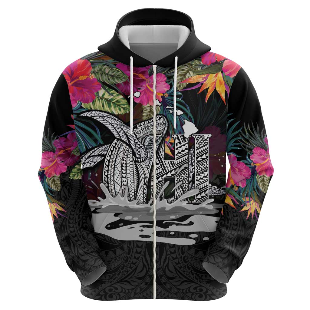 Personalised Hawaii Hoodie Humpback Whale Tattoo With Tropical Flowers Black LT14 - Polynesian Pride